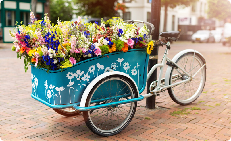 blaues Dreirad-Lastenrad mit Blumen gefüllt